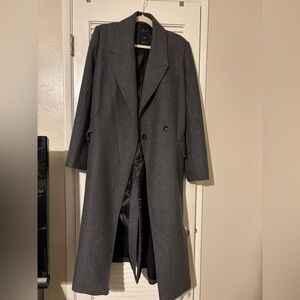 MNG Italian wool grey belted long coat. Size Large.